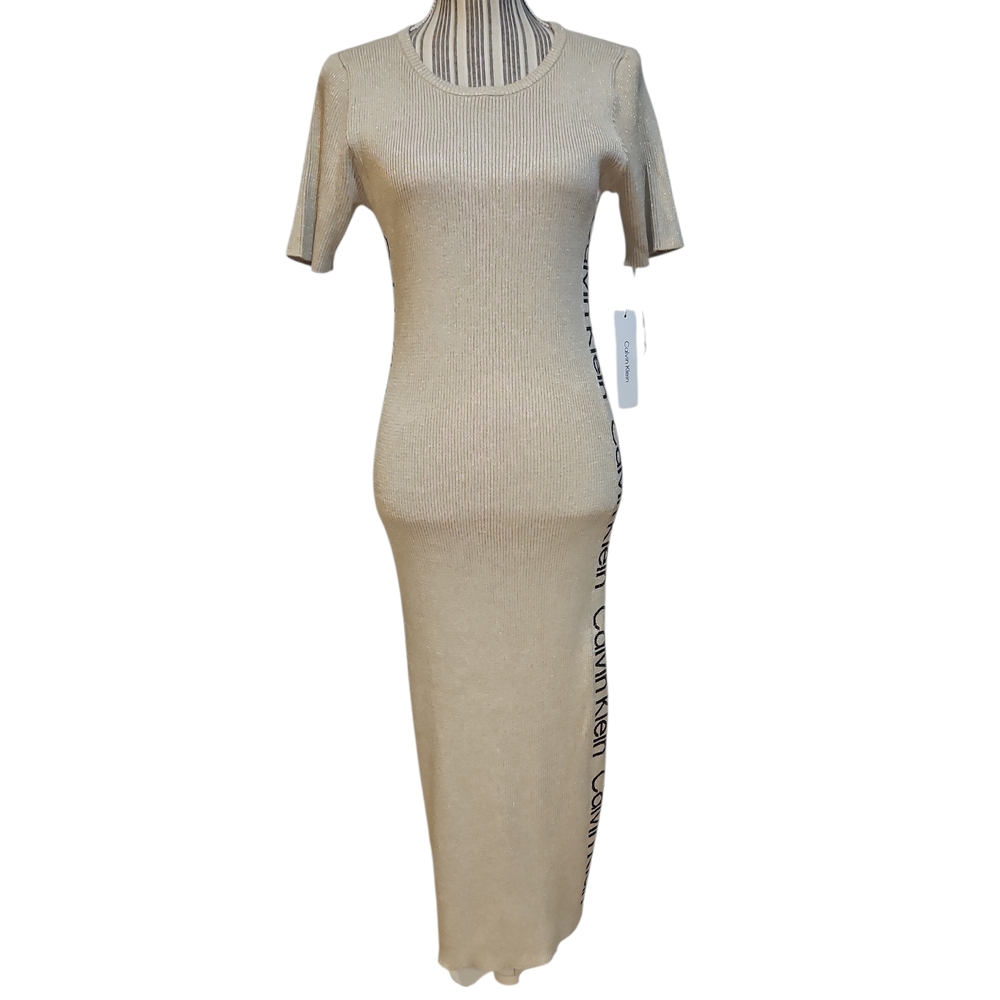 Calvin Klein Woman Metallic Gold Beige Black Elegant Ribbed Knit Maxi DressSizeM